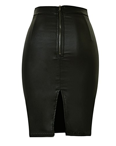PengGeng Mujeres Vintage Falda Midi Lápiz Cintura Alta Elasticidad Bodycon Tubo Falda Polipiel Oficina Negro 42