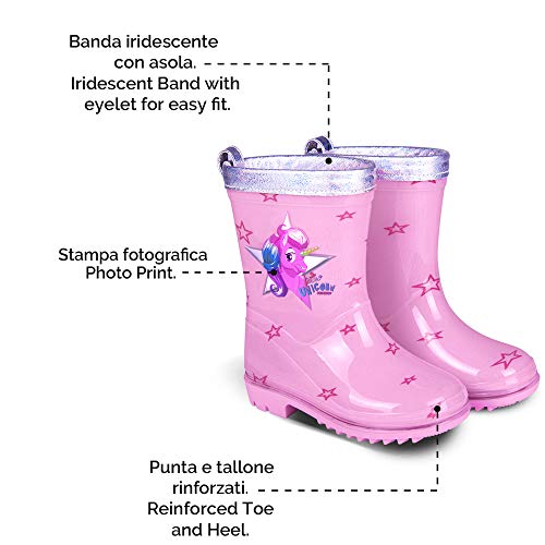 PERLETTI Botas de Agua para Niña Unicornio - Botines Impermeables de Moda Rosa con Estrellitas - Suela Antideslizante y Borde Plateado Iridiscente - Cool Kids (24-25)