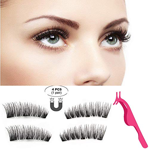 Pestañas Magnéticas Pestañas Postizas Naturales 3D reutilizables doble imán falso Pestañas hecho a mano ultraligero y duradero (2 Pares/4 Piezas) (28mm)