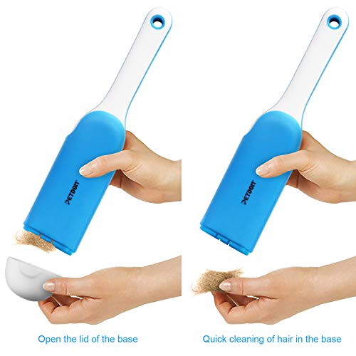 PETDOM Cepillo de Pelusa Mango Resistente – Removedor de Pelo de Mascotas de Doble Cara con autolimpieza – Elimina el Pelo de Perro Gato de Ropa, Muebles – Tamaño de Viaje Incluido (Azul)