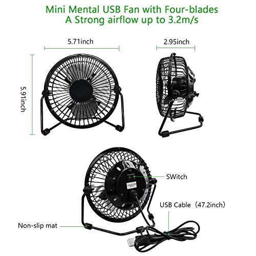 PEYOU Ventilador USB, Mini Ventilador Silencioso Portátil, Ventilador Mesa de Metal, Potente Ventilador de Refrigeración Ordenador, Ruido Bajo, para Portátil PC Hogar Oficina o Viaje - Negro