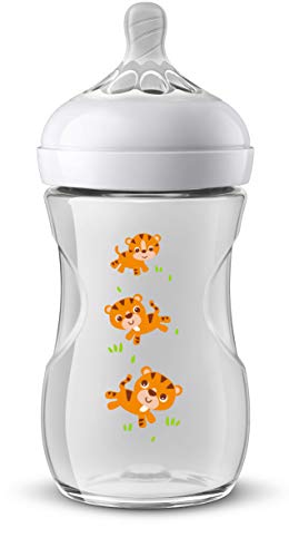 Philips Avent Biberón Natural SCF070/20 - Biberón de 260 ml con tetina con flujo para recién nacidos, diseñada para imitar el tacto del pecho, 0% BPA, 1m+, Safari Tigres