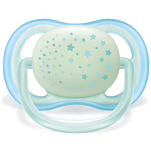 Philips Avent SCF376/11 - Pack de 2 chupetes Ultra Air Nocturno que brilla en la oscuridad, tetina suave para 0-6 m, apta para la piel sensible, con estuche de esterilización, color azul claro