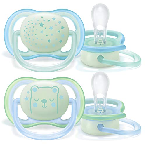 Philips Avent SCF376/11 - Pack de 2 chupetes Ultra Air Nocturno que brilla en la oscuridad, tetina suave para 0-6 m, apta para la piel sensible, con estuche de esterilización, color azul claro