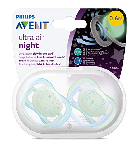 Philips Avent SCF376/11 - Pack de 2 chupetes Ultra Air Nocturno que brilla en la oscuridad, tetina suave para 0-6 m, apta para la piel sensible, con estuche de esterilización, color azul claro
