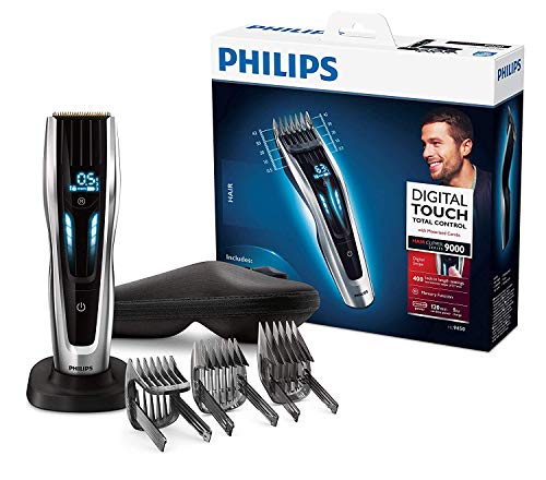 Philips HC9450/20 - Cortapelos con cuchillas de titanio, 3 peines-guía motorizados, con interfaz de cambio digital, soporte de carga y funda, negro, ac / batería