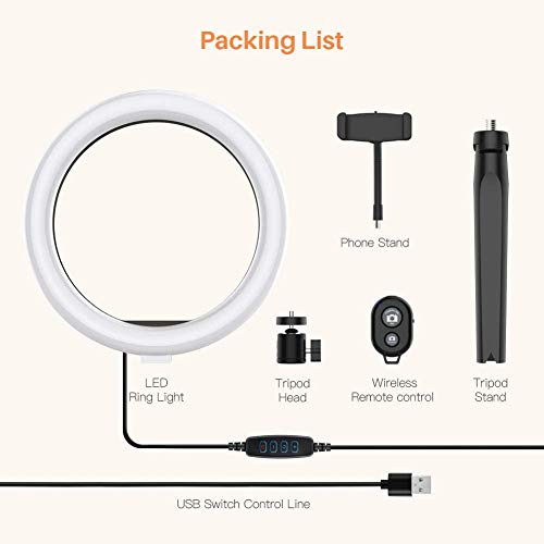PHOTO MASTER Anillo de Luz LED, 10” Aro de Luz con Trípode, 3 Colores y 10 Brillos Regulables, Control Remoto, Soporte de Móvil, para Móvil y Cámara, Maquillaje, Selfie Vídeo, Youtube, TIK Tok