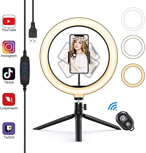 PHOTO MASTER Anillo de Luz LED, 10” Aro de Luz con Trípode, 3 Colores y 10 Brillos Regulables, Control Remoto, Soporte de Móvil, para Móvil y Cámara, Maquillaje, Selfie Vídeo, Youtube, TIK Tok