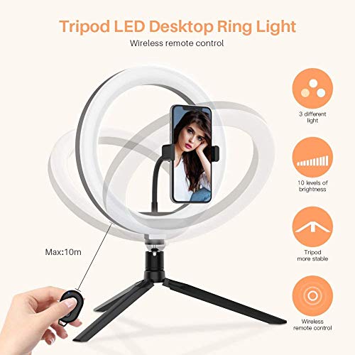 PHOTO MASTER Anillo de Luz LED, 10” Aro de Luz con Trípode, 3 Colores y 10 Brillos Regulables, Control Remoto, Soporte de Móvil, para Móvil y Cámara, Maquillaje, Selfie Vídeo, Youtube, TIK Tok