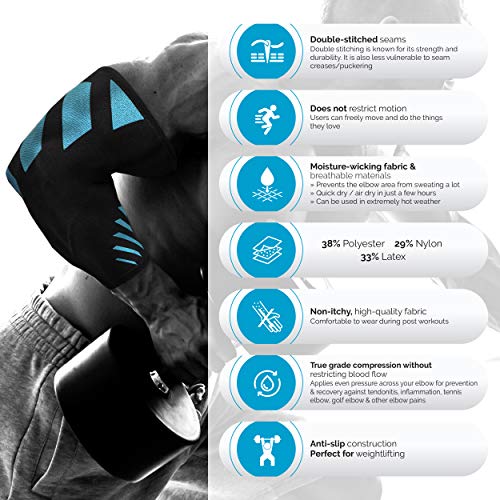 Physix Gear Sport Coderas Deportivas de Neopreno, Las Mejores Coderas epicondilitis para Hombre y Mujer, Coderas para tendinitis, Codo Golfista y Codo tenista, 1 Pack, L, Azul/Negro