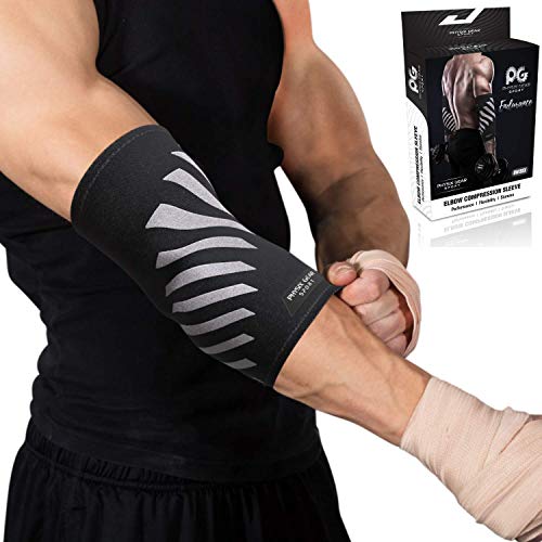 Physix Gear Sport Coderas Deportivas de Neopreno, Las Mejores Coderas epicondilitis para Hombre y Mujer, Coderas para tendinitis, Codo Golfista y Codo tenista, 1 Pack, L, Gris/Negro