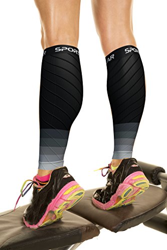 Physix Gear Sport Medias compresión Hombre y Mujer, Las Mejores pantorrilleras Running para Mejorar la circulación, Perneras Ciclismo para recuperar los músculos, 1 par, S/M - M/L, Negro/Gris