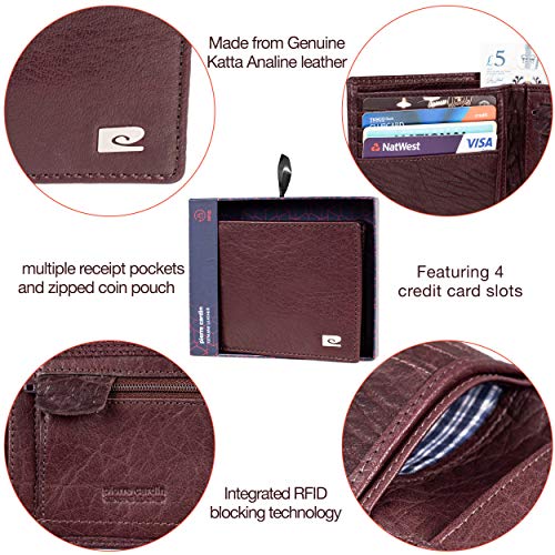 Pierre Cardin - Cartera de piel auténtica para hombre, con bloqueo RFID, suave, ligera, duradera y a prueba de pliegues, rojo oscuro (Rojo) - PCW002