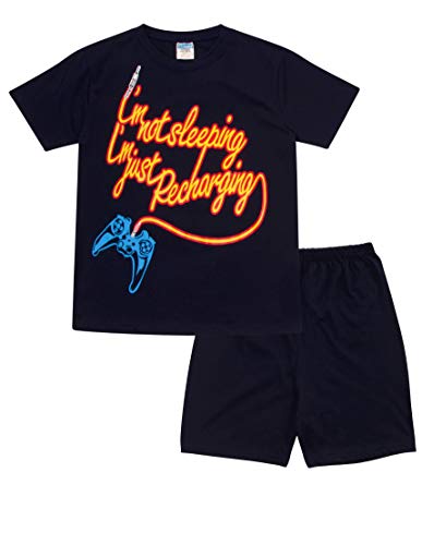 Pijama con pantalón corto, texto en inglés "I'm Not Sleeping I'm Just Recharging" para niños, 11 a 16 años, color azul Azul azul 15-16 años