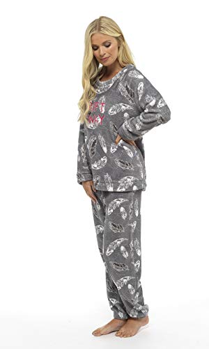Pijama Mujer Invierno Suave Cómodo con Plumas Prosecco Estrellas Vario Estilos Pijamas Invernal Regalo para Ella (impresión de la pluma gris, S)