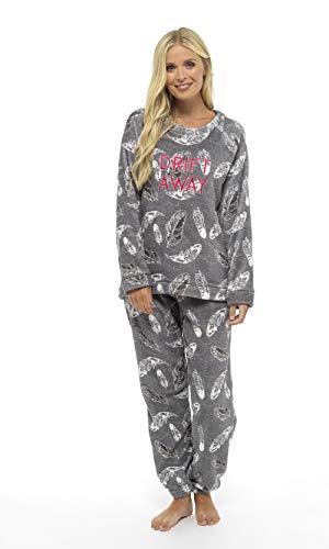 Pijama Mujer Invierno Suave Cómodo con Plumas Prosecco Estrellas Vario Estilos Pijamas Invernal Regalo para Ella (impresión de la pluma gris, S)