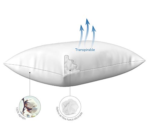 Pikolin Home - Almohada, de Fibra Tacto Gel con Funda de algodón, Blanco, 40x70x18cm (Todas las medidas)