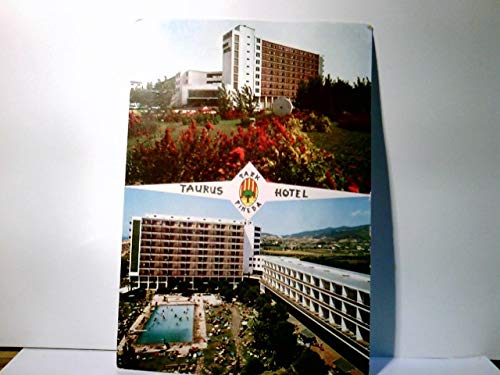 Pineda de Mar. Spanien. Taurus Park Hotel. Alte Zweibild AK farbig, gel. 1968. Gebäudeasicht mit Parkanlage, Poolansicht von oben