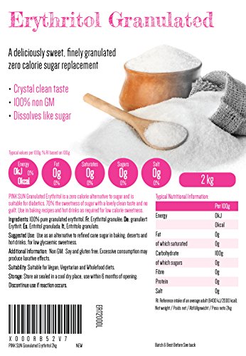 PINK SUN Eritritol 2kg Natural Sustitución de Azúcar Alternativa Edulcorante Cero Calorías Gránulos Finos Vegetariano Vegano Sin Gluten Baja en Carbohidratos Diabético Non OGM Erythritol 2000g