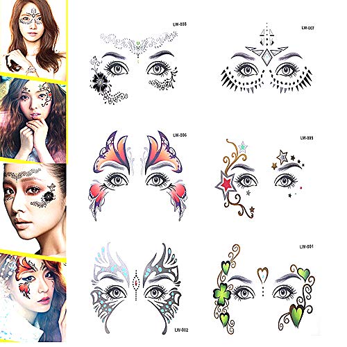 Pinkiou Pegatinas de arte facial Las mujeres se enfrentan al ojo Tatuaje temporal del festival Pegatinas impermeables (6 piezas)
