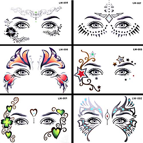 Pinkiou Pegatinas de arte facial Las mujeres se enfrentan al ojo Tatuaje temporal del festival Pegatinas impermeables (6 piezas)