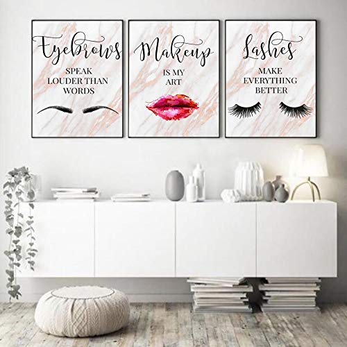 Pintura Al Óleo 3 Paneles Arte De Pared Imagen Impresa Lienzo Noerdic Maquillaje De Moda Pestañas Cejas Labios Decoración Del Hogar Nueva Pintura Marco De Sala De Estar 50x70cmx3pcs（20x28inchx3pcs）