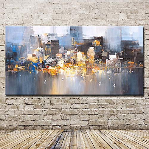 Pintura Al Óleo Sobre Lienzo  Arquitectura De Paisaje Urbano Abstracto Arte Mural Pintado A Mano Al Óleo Sobre Lienzo Cuadros De Pared Decoracion Para El Salón De Entrada, Pasillo, Dormitorio De