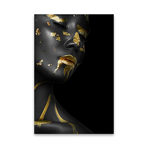 Pintura de lienzo Imagen de arte de pared Mujer negra africana Modelo de maquillaje de moda Cara de niña Póster dorado Impresiones Salón de belleza Dormitorio Sala de estar Decoración del hogar