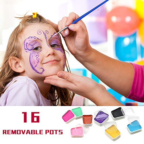 Pintura Facial Maquillaje,Emooqi 16 Colores Pintura de Cara Pintura de Maquillaje Para Niños con 2 Piezas de Polvo de Brillo+2 Pinceles+40 Plantillas,Regalo Para Niños,Seguro,No tóxico, No Alérgico