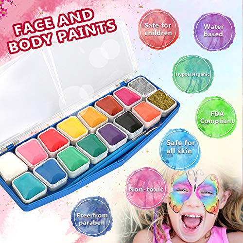 Pintura Facial Maquillaje,Emooqi 16 Colores Pintura de Cara Pintura de Maquillaje Para Niños con 2 Piezas de Polvo de Brillo+2 Pinceles+40 Plantillas,Regalo Para Niños,Seguro,No tóxico, No Alérgico