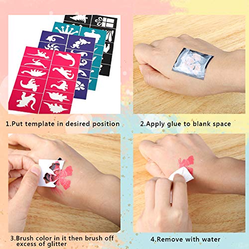 Pintura Facial Maquillaje,Emooqi 16 Colores Pintura de Cara Pintura de Maquillaje Para Niños con 2 Piezas de Polvo de Brillo+2 Pinceles+40 Plantillas,Regalo Para Niños,Seguro,No tóxico, No Alérgico