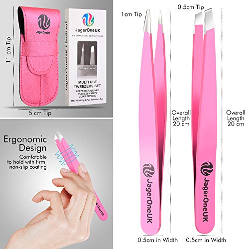 Pinzas de acero inoxidable - Pinzas de cejas profesionales | Pinzas de pelo de precisión | Mejor para el desplume Barbilla, vello facial - Con bolsa de cuero puro - Rosa - Paquete de 2 piezas