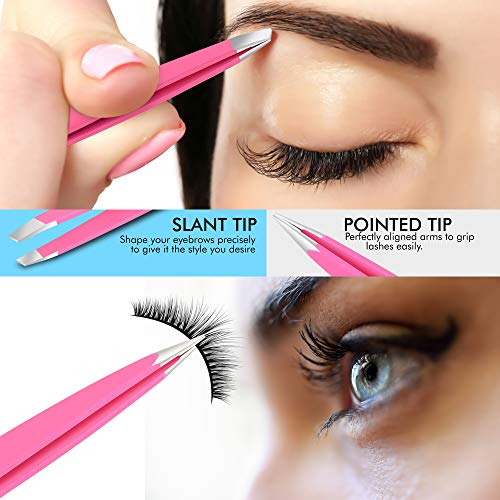 Pinzas de acero inoxidable - Pinzas de cejas profesionales | Pinzas de pelo de precisión | Mejor para el desplume Barbilla, vello facial - Con bolsa de cuero puro - Rosa - Paquete de 2 piezas