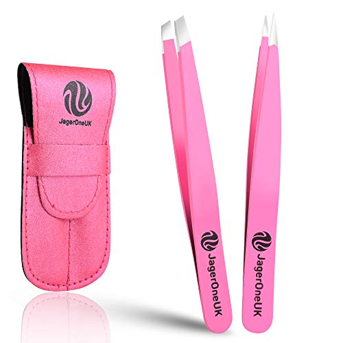 Pinzas de acero inoxidable - Pinzas de cejas profesionales | Pinzas de pelo de precisión | Mejor para el desplume Barbilla, vello facial - Con bolsa de cuero puro - Rosa - Paquete de 2 piezas