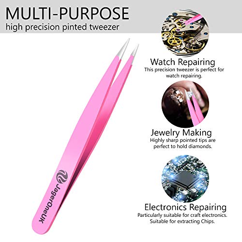 Pinzas de acero inoxidable - Pinzas de cejas profesionales | Pinzas de pelo de precisión | Mejor para el desplume Barbilla, vello facial - Con bolsa de cuero puro - Rosa - Paquete de 2 piezas