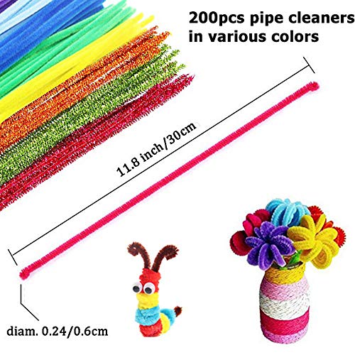 Pipe Cleaners Craft Set con DIY Tutorial, Incluido 200pcs Limpiadores de Tuberías, 200pcs Pom Poms, 200pcs Auto-Sticking Wiggle Googly Ojos, Surtido Colores y Surtidos Tamaños para DIY Art Craft