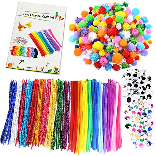 Pipe Cleaners Craft Set con DIY Tutorial, Incluido 200pcs Limpiadores de Tuberías, 200pcs Pom Poms, 200pcs Auto-Sticking Wiggle Googly Ojos, Surtido Colores y Surtidos Tamaños para DIY Art Craft