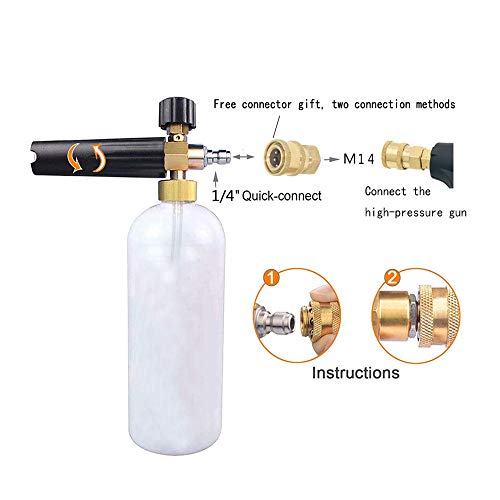 Pistola de espuma de nieve para lavado de coches pistola de espuma de latón ajustable de cañón 1L botella de espuma de jabón, para arandelas a presión (botella de espuma)