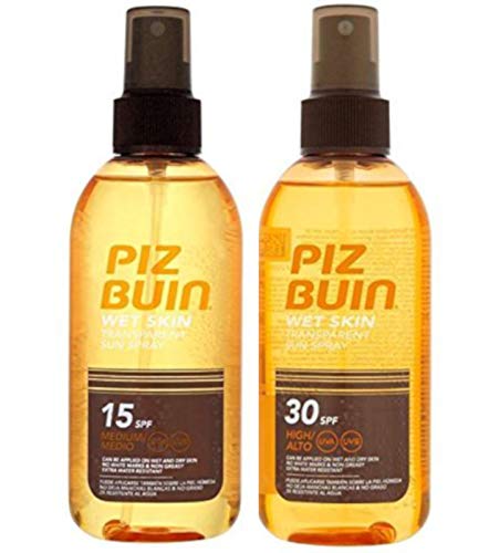 Piz Buin Wet Skin - Spray solar transparente (2 unidades, F15 x 1 + F30 x 1-150 ml)