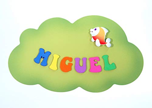 Placa Cartel decorativo infantil de madera forma de *nube* personalizada con el nombre letras de goma eva, regalo original decoración de pared o puerta en habitación.