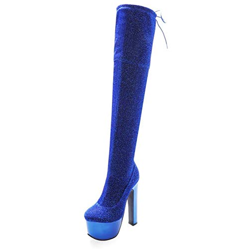 PLAYH Botas con Plataforma sobre La Rodilla, Botas Sexis para Mujer con Tacón Grueso De Punta Redonda, Botas Largas con Tacón Súper Alto De 17 CM para Fiestas (Color : Blue, Size : 41)