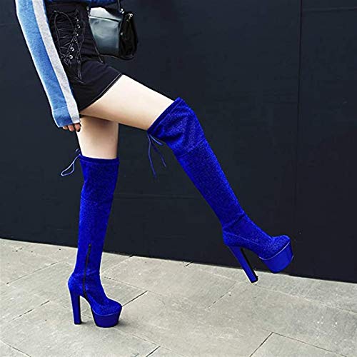 PLAYH Botas con Plataforma sobre La Rodilla, Botas Sexis para Mujer con Tacón Grueso De Punta Redonda, Botas Largas con Tacón Súper Alto De 17 CM para Fiestas (Color : Blue, Size : 41)