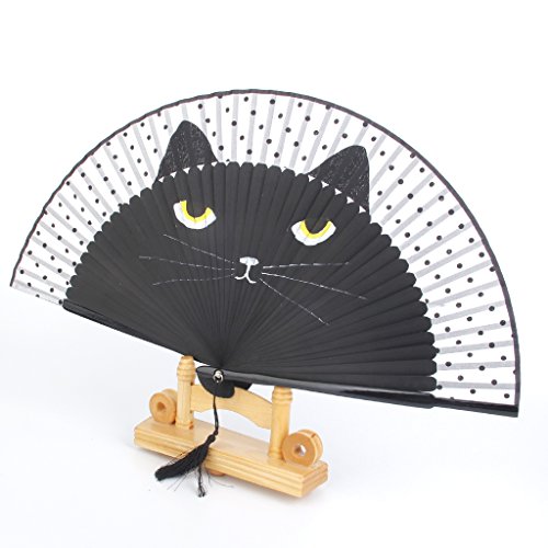 Plegable Abanico de Tela y Bambú con Dibujo Gato Negro de Estilo Japonés