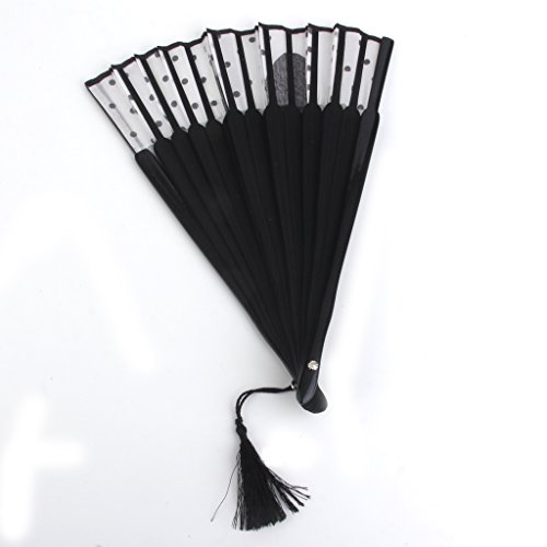 Plegable Abanico de Tela y Bambú con Dibujo Gato Negro de Estilo Japonés