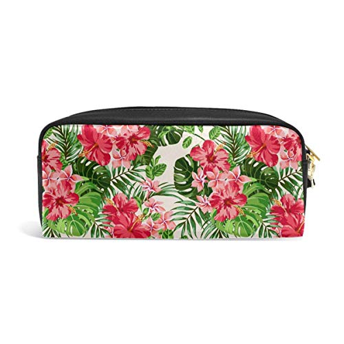 Plumeria Tropical Hawaiano y Flores de Hibisco Bolsa de lápices Bolso de Cuero Suave Bolso de papelería Bolsa de Cremallera Bolso cosmético Organizador