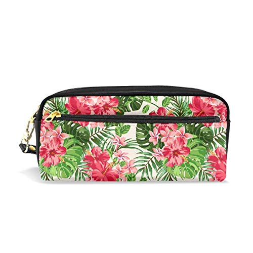 Plumeria Tropical Hawaiano y Flores de Hibisco Bolsa de lápices Bolso de Cuero Suave Bolso de papelería Bolsa de Cremallera Bolso cosmético Organizador