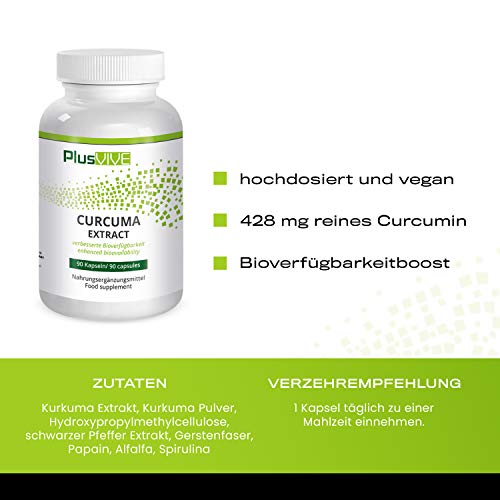 Plusvive - Extracto de cúrcuma, altamente dosificado con piperina y fórmula de mejora de la biodisponibilidad