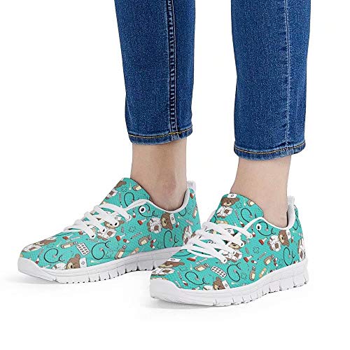 POLERO Zapatos Deportivos para Mujer, Zapatillas Planas con diseño de Osos, Zapatillas de Tenis con Cordones de Malla, Zapatos para Correr Ligeros y Casuales, EU 36，Azul Claro