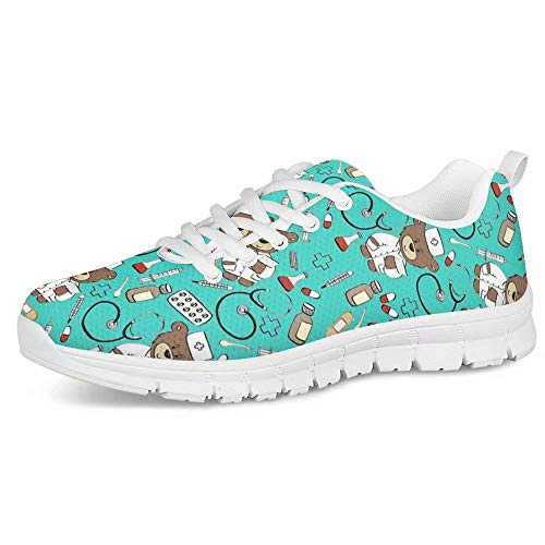 POLERO Zapatos Deportivos para Mujer, Zapatillas Planas con diseño de Osos, Zapatillas de Tenis con Cordones de Malla, Zapatos para Correr Ligeros y Casuales, EU 36，Azul Claro