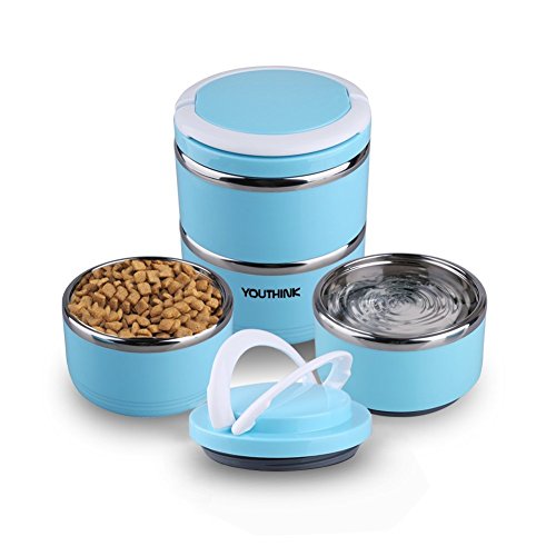 Portable Comedero y Bebedero para Viaje Acero Inoxidable Bowl Kit para Perros y Gatos Cuenco para Agua y Comida Prueba de Derrames Contenedor de Alimentación para Viajes al Aire Libre (3 en 1) (Dos)